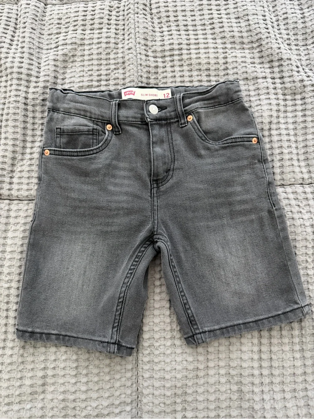 Levi's Boys Black Wash Denim Jean Shorts Adjustable Waist Slim Size 12